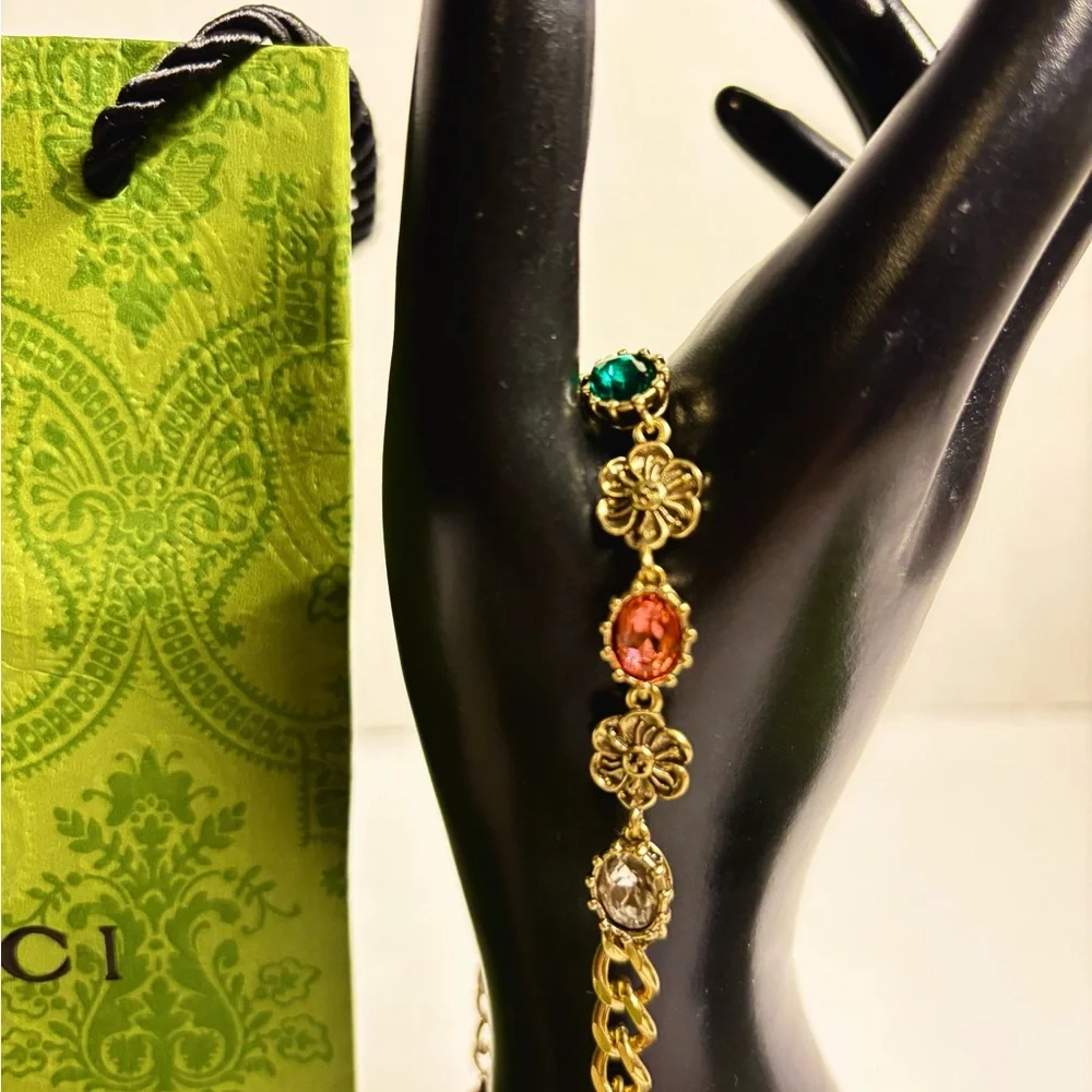 Vintage Multicolored Crystal Gucci Bracelet with Tiger Head Charm